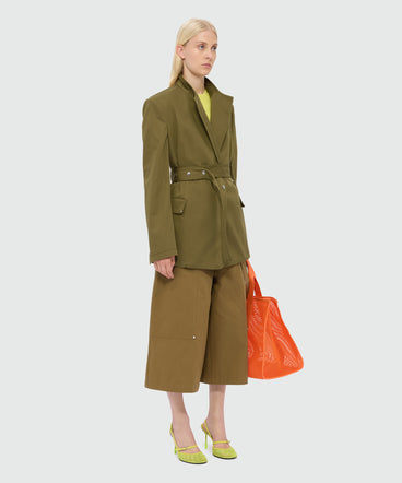 Military green double-breasted cotton gabardine jacket with belt and visible metal buttons