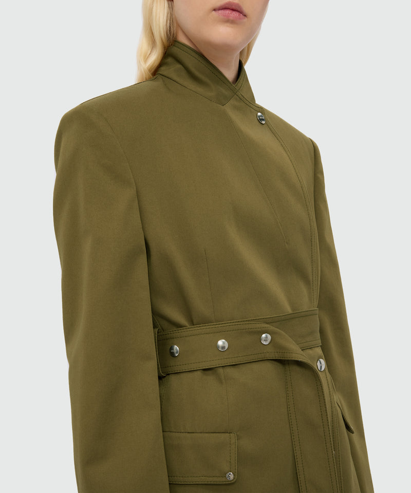 Military green double-breasted cotton gabardine jacket with belt and visible metal buttons 37 Donna 