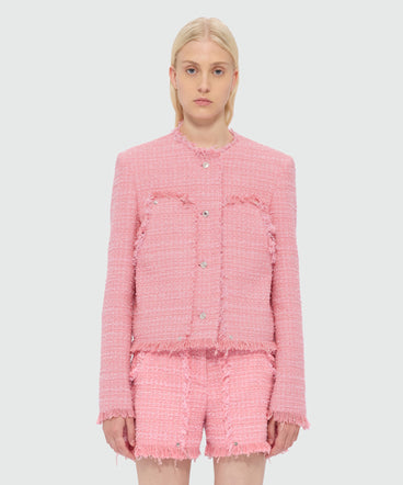 Pink single-breasted boucle tweed-effect jacket