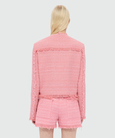 Pink single-breasted boucle tweed-effect jacket