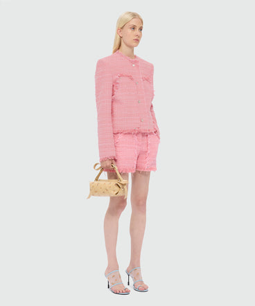Pink single-breasted boucle tweed-effect jacket