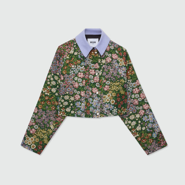 Multicolor cropped floral jacquard jacket with canvas collar
