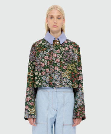 Multicolor cropped floral jacquard jacket with canvas collar