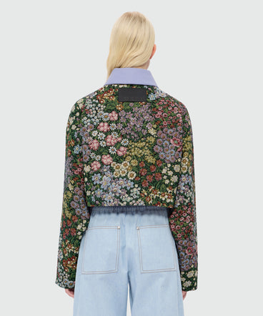 Multicolor cropped floral jacquard jacket with canvas collar