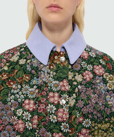 Multicolor cropped floral jacquard jacket with canvas collar