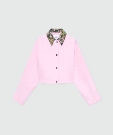 Pink cropped cotton gabardine jacket with metal buttons