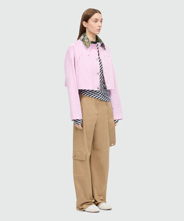 Pink cropped cotton gabardine jacket with metal buttons