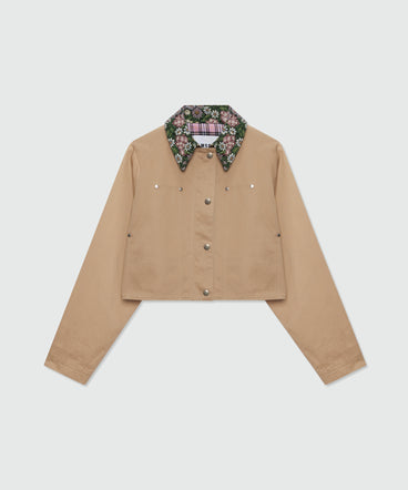 Beige cropped cotton gabardine jacket with metal buttons