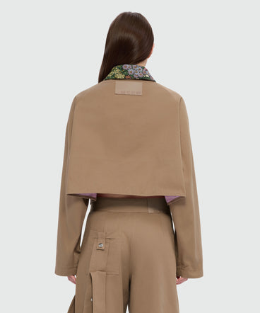 Beige cropped cotton gabardine jacket with metal buttons