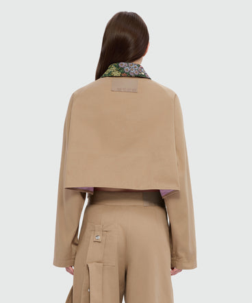 Beige cropped cotton gabardine jacket with metal buttons
