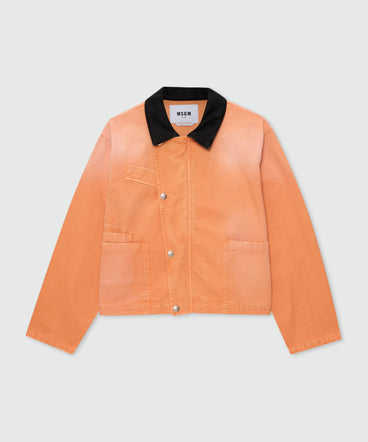 Orange cotton canvas jacket with aged-effect wash and black denim collar