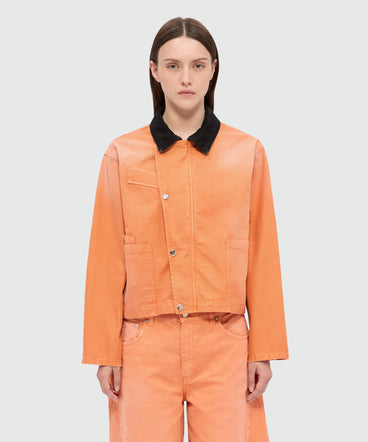 Orange cotton canvas jacket with aged-effect wash and black denim collar