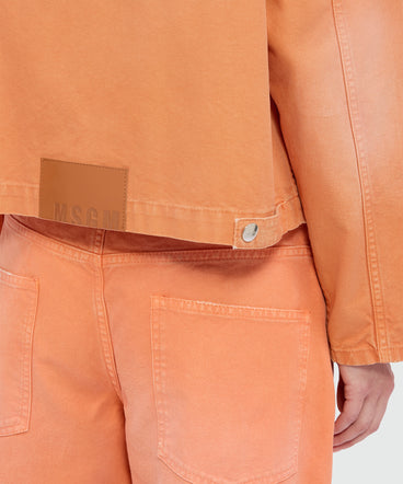Orange cotton canvas jacket with aged-effect wash and black denim collar