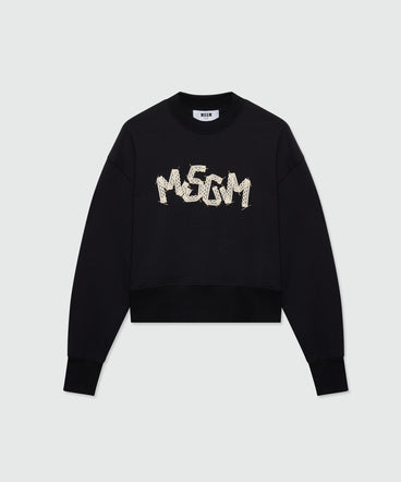 Black cotton sweatshirt with MSGM embroidery on the front