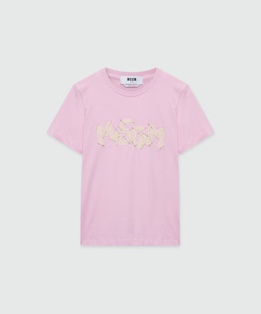 Pink short-sleeve cotton jersey T-shirt with MSGM embroidery