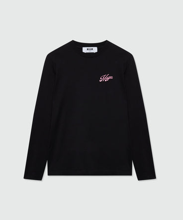 T-shirt nera a manica lunga in jersey di cotone e ricamo MSGM sul petto