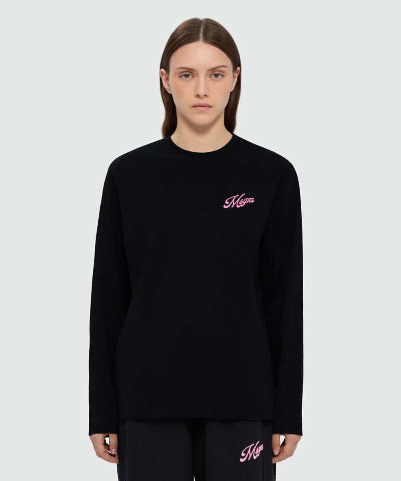 T-shirt nera a manica lunga in jersey di cotone e ricamo MSGM sul petto 99 Donna 