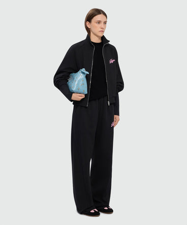 T-shirt nera a manica lunga in jersey di cotone e ricamo MSGM sul petto