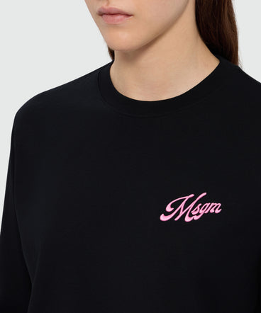 T-shirt nera a manica lunga in jersey di cotone e ricamo MSGM sul petto