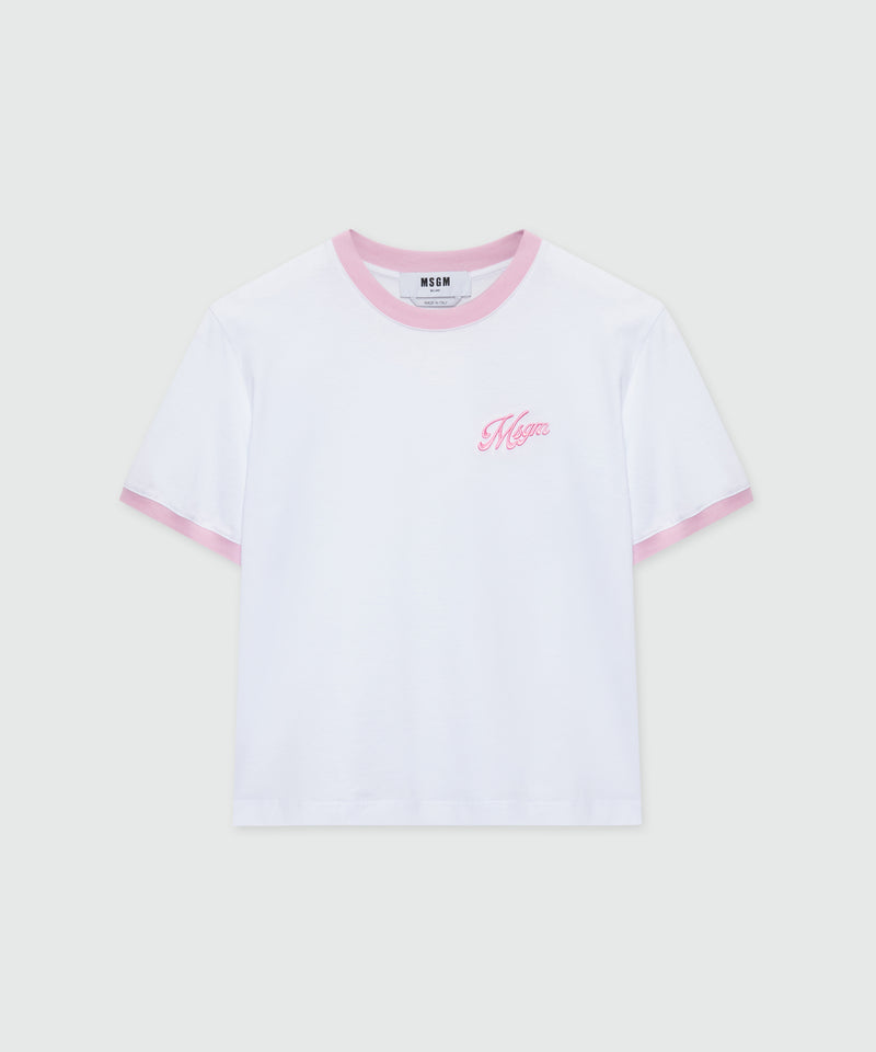 White short-sleeve cotton jersey T-shirt with MSGM embroidery on the chest 01 Donna 