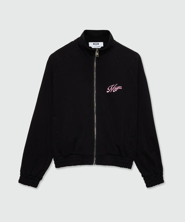 Felpa nera di cotone in doppio piquet con ricamo MSGM italics su petto