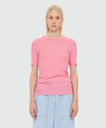 Pink short-sleeve viscose ribbed T-shirt