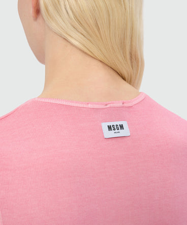 Pink short-sleeve viscose ribbed T-shirt