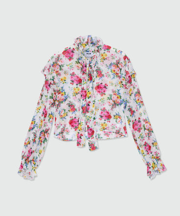 White viscose georgette blouse with floral print and ruffled collar