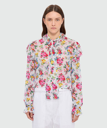 White viscose georgette blouse with floral print and ruffled collar