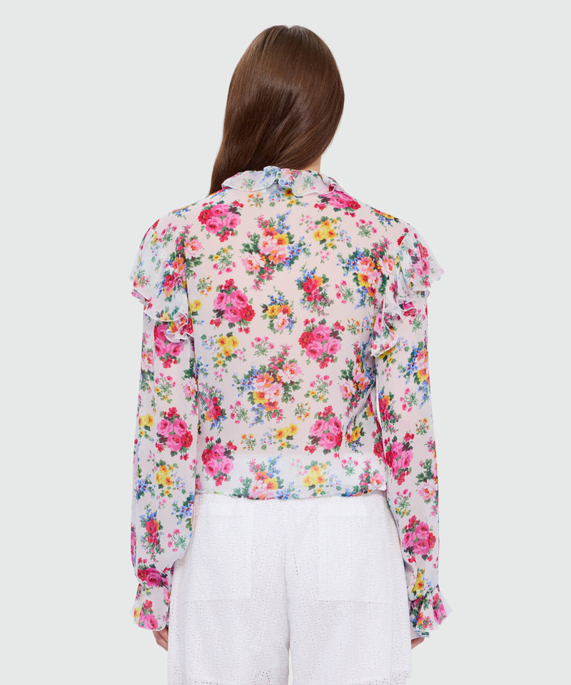 White viscose georgette blouse with floral print and ruffled collar 01 Donna 