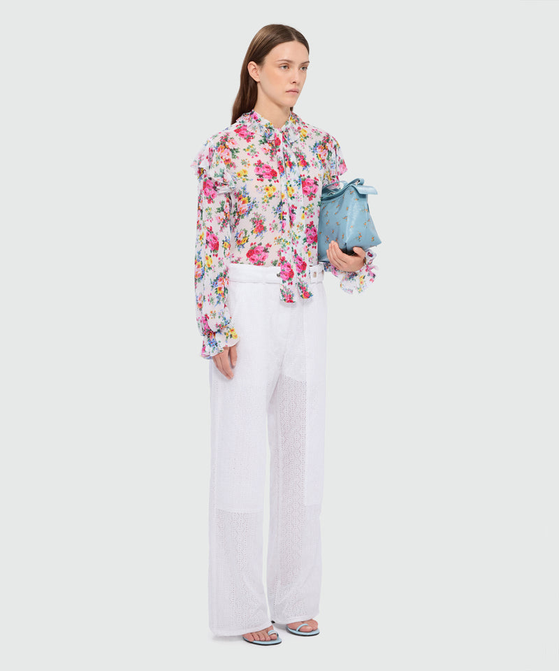 White viscose georgette blouse with floral print and ruffled collar 01 Donna 