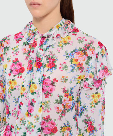 White viscose georgette blouse with floral print and ruffled collar