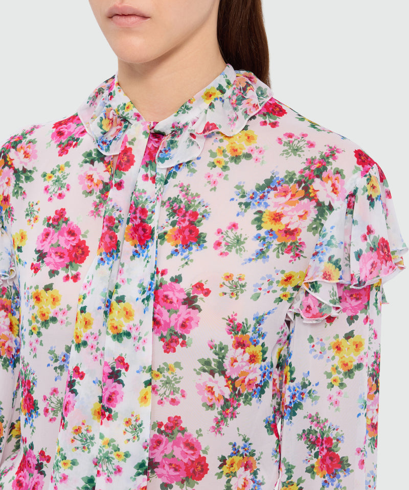 White viscose georgette blouse with floral print and ruffled collar 01 Donna 