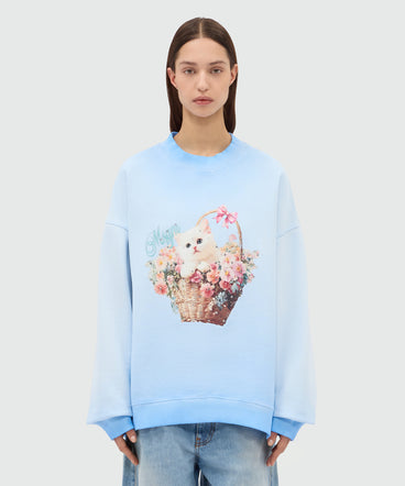 Light blue cotton crew-neck sweatshirt with hand-applied gradient treatment