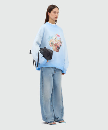 Light blue cotton crew-neck sweatshirt with hand-applied gradient treatment