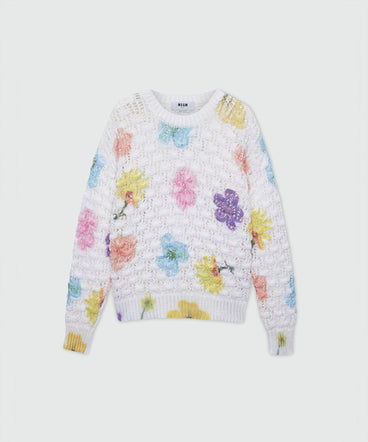 White crochet sweater with maxi floral print