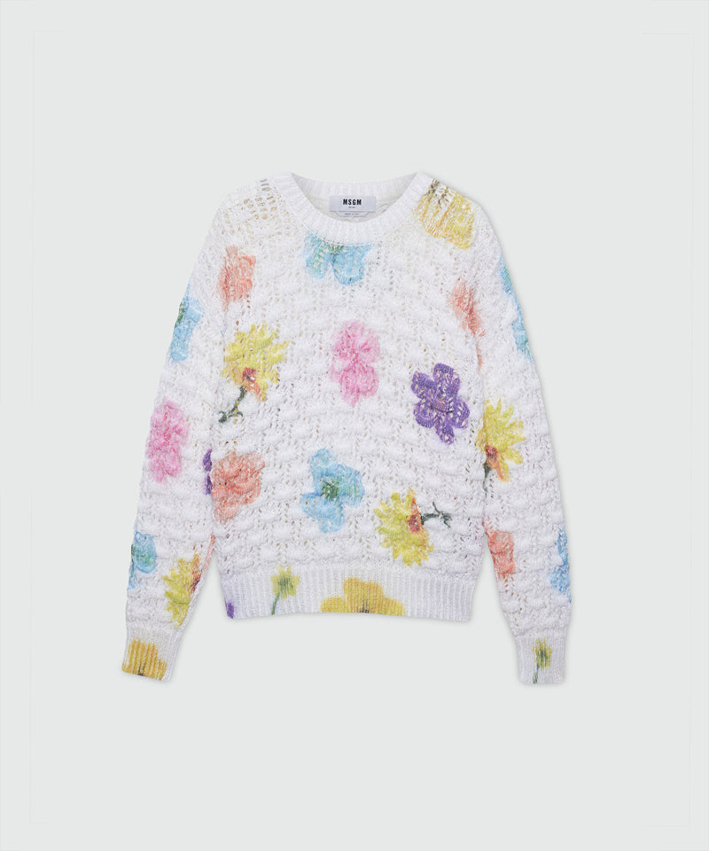 White crochet sweater with maxi floral print 02 Donna 
