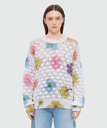 White crochet sweater with maxi floral print