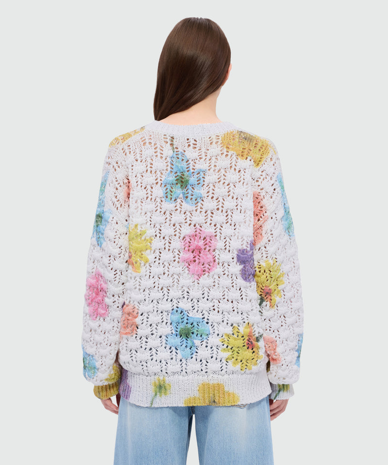 White crochet sweater with maxi floral print 02 Donna 