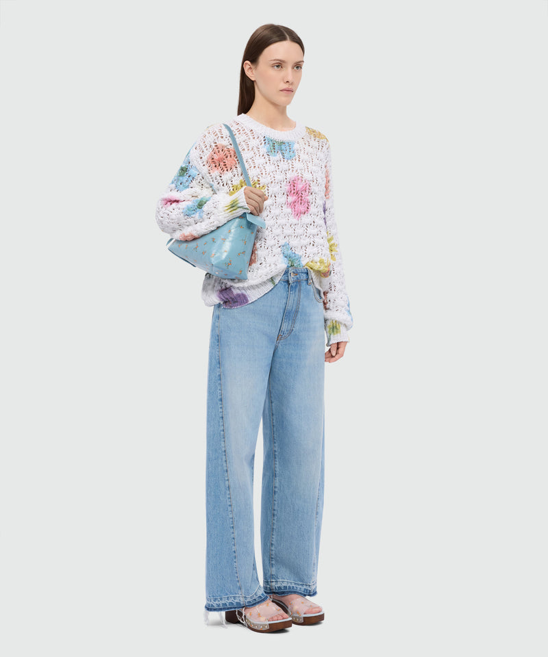 White crochet sweater with maxi floral print 02 Donna 
