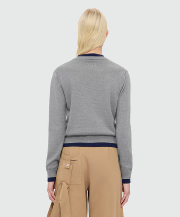 Grey wool cardigan with contrasting double-edge trim