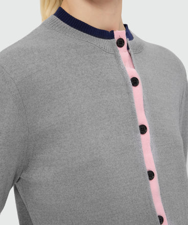 Grey wool cardigan with contrasting double-edge trim