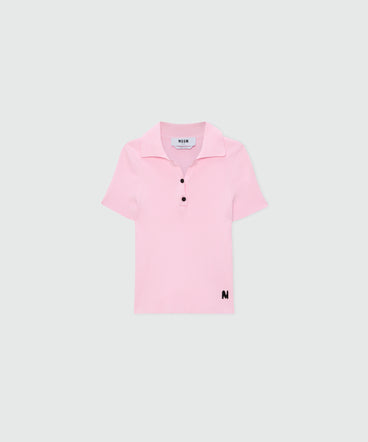 Pink ribbed techno-viscose polo shirt with contrast button detail