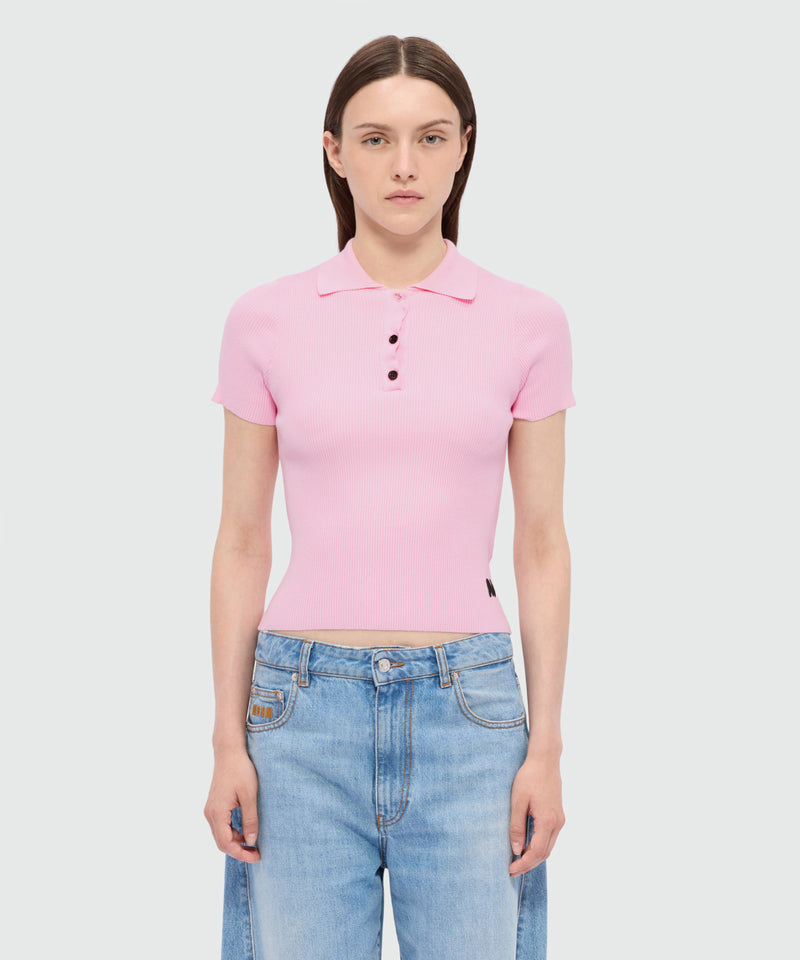 Pink ribbed techno-viscose polo shirt with contrast button detail 12 Donna 