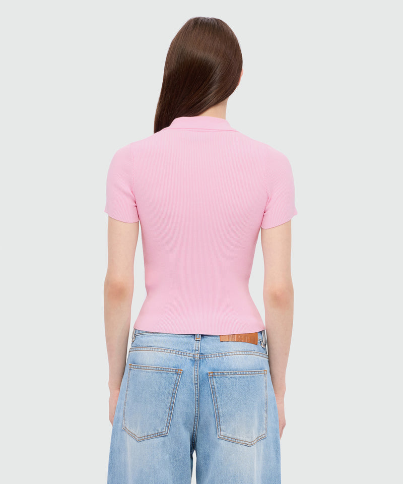 Pink ribbed techno-viscose polo shirt with contrast button detail 12 Donna 