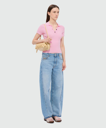 Pink ribbed techno-viscose polo shirt with contrast button detail