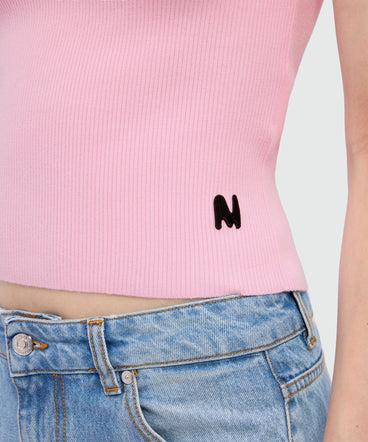 Pink ribbed techno-viscose polo shirt with contrast button detail