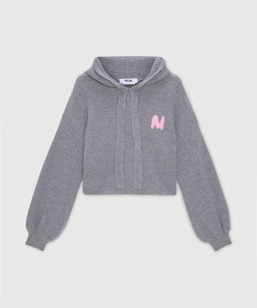 Maglia grigia con cappuccio in misto cashmere con ricamo MWAVE e manica a ballon