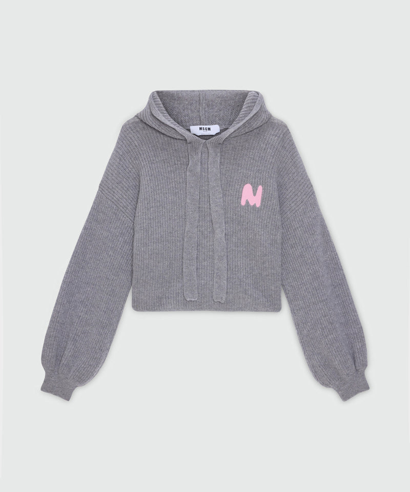 Maglia grigia con cappuccio in misto cashmere con ricamo MWAVE e manica a ballon 98 Donna 