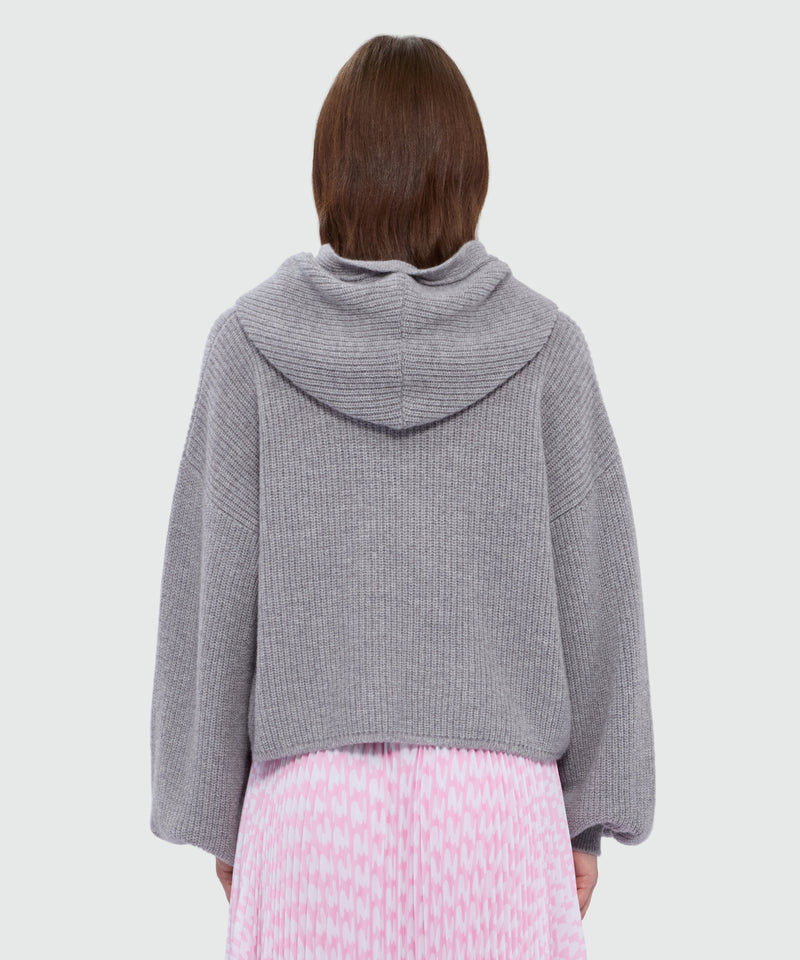 Maglia grigia con cappuccio in misto cashmere con ricamo MWAVE e manica a ballon 98 Donna 
